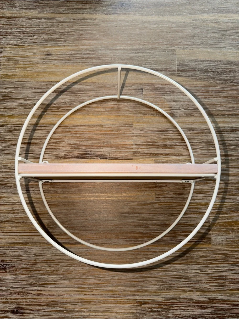 Round White Metal Wall Shelf with Light Wood Accent